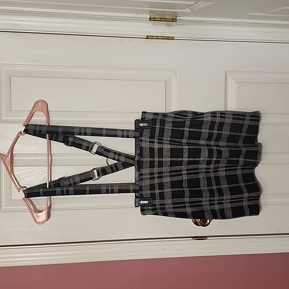 Black and Gray Plaid Suspender Mini Skirt